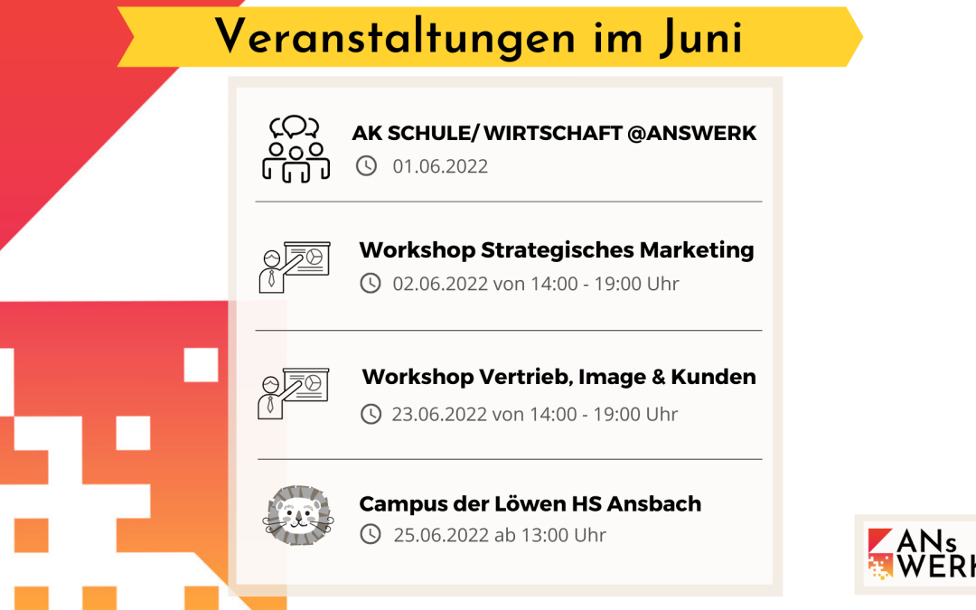 Veranstaltungen im Juni ANsWERK Ansbach Merkendorf Events Gründer